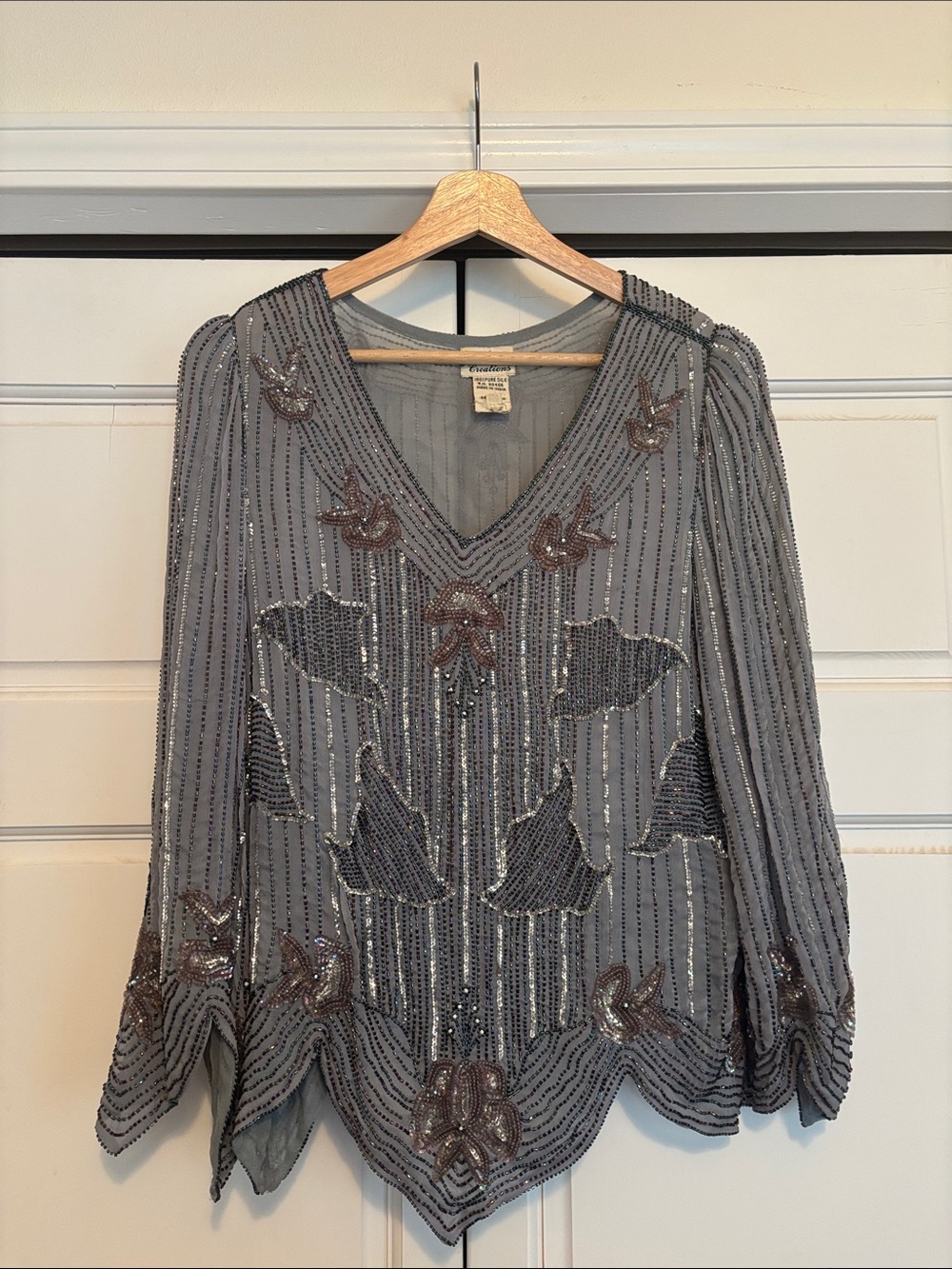 Judith Ann Creations Beaded V-Neck Gray Women's Blouse with Scalloped Hem